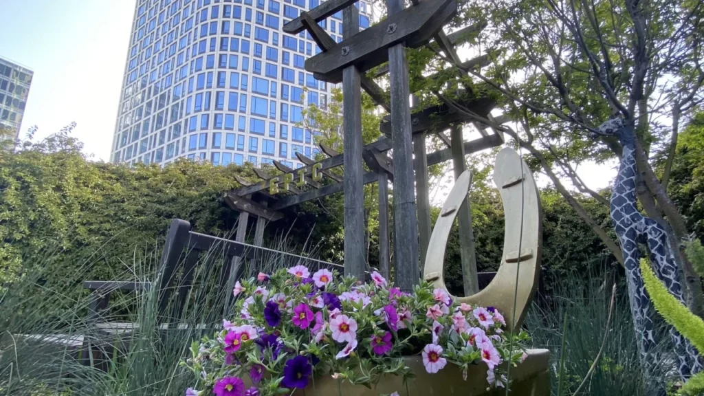 image of Epic garden and toilet planter with flowers in it with Fifteen Fifty building in the background