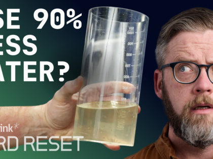 Graphic image from Freethink's Hard Reset docu series featuring words of "Use 90% less water?"