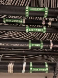 Pipes labeled from different sources like greywater and stormwater