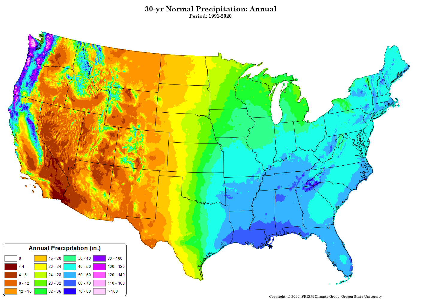 30-year 30-yr annual normal precipitation average in lower 48 states. Info from PRISM Climate Group