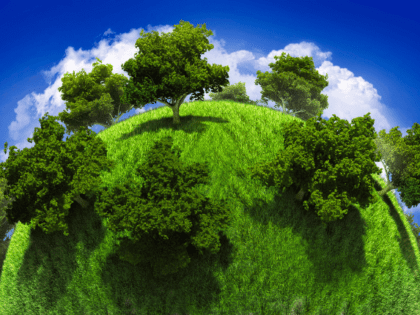 Graphic image of Earth depicted as a lush green lawn with trees set to a deep blue background