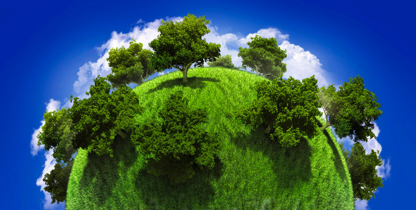 Graphic image of Earth depicted as a lush green lawn with trees set to a deep blue background