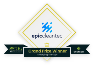 RETA 2023 badge honoring Epic Cleantec as the grand prize winner in the emerging startup category.