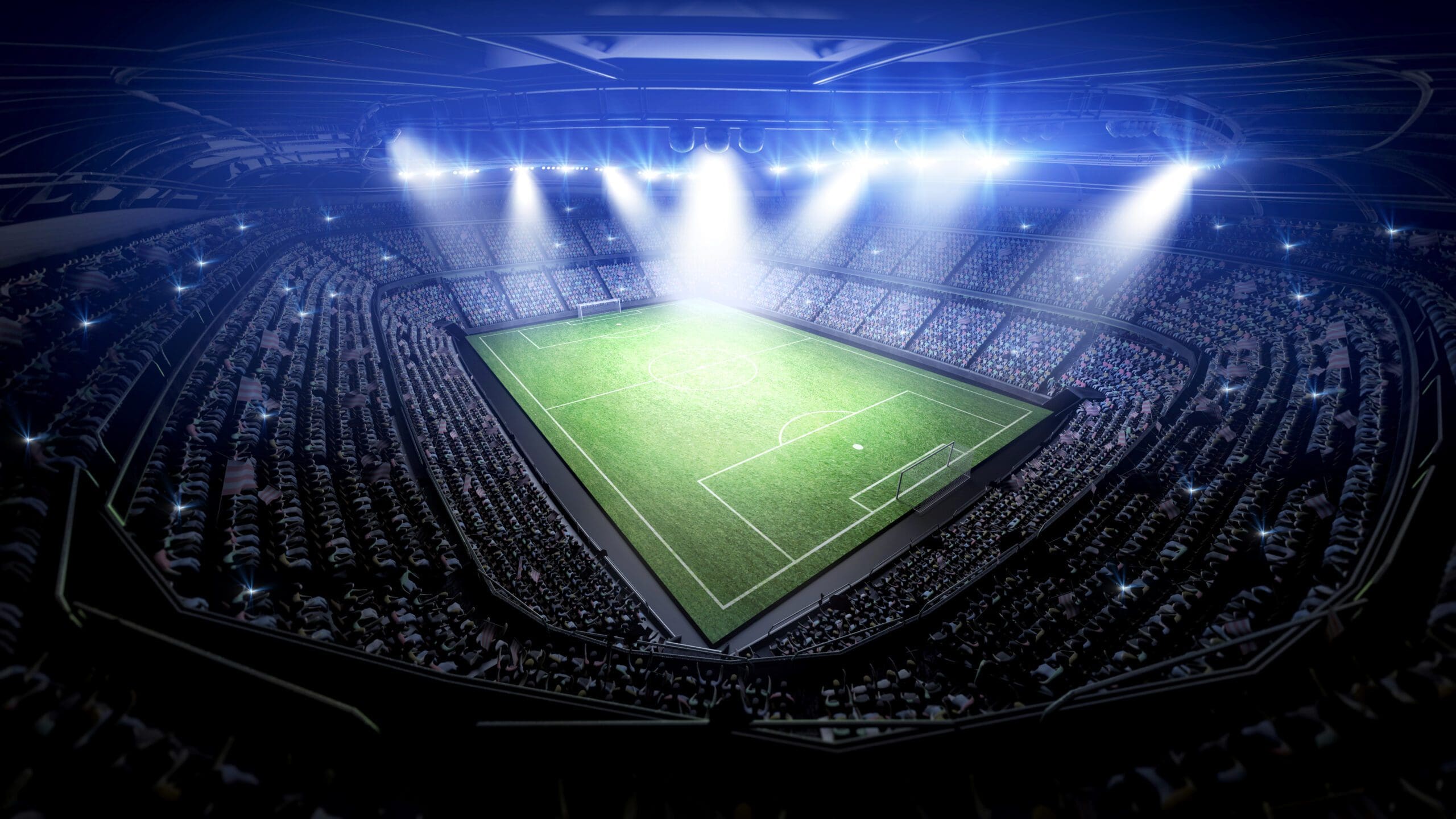 Soccer stadium at night with lights shining down