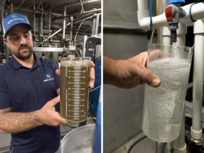 Epic Cleantec operations director Ryan Pulley holds a beaker of treated wastewater.